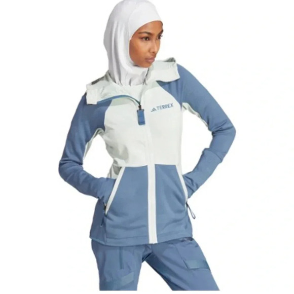 adidas Women's M Medium Terrex Tech Fleece Hooded Jacket NWT Blue Light Green - Picture 9 of 16